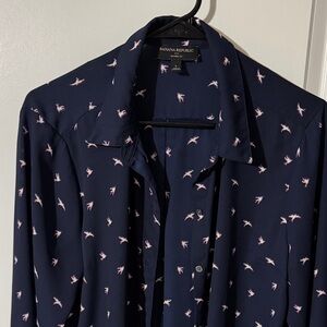 Banana Republic Dark Blue Blouse with Pink Bird Pattern